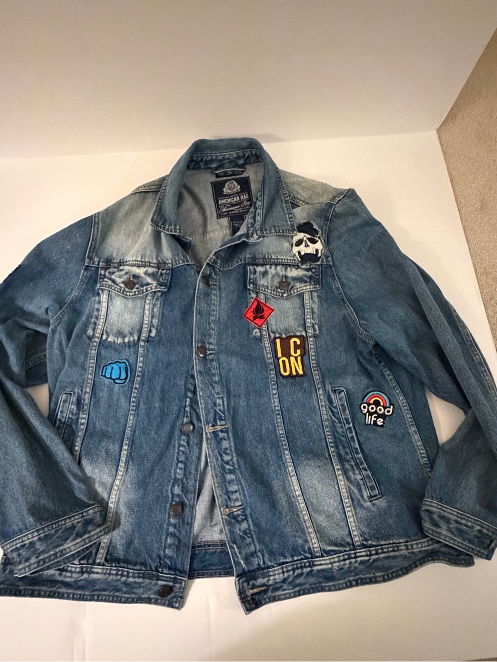 American Rag Washed Blue Denim Patchwork Jacket - Picture 2 of 6